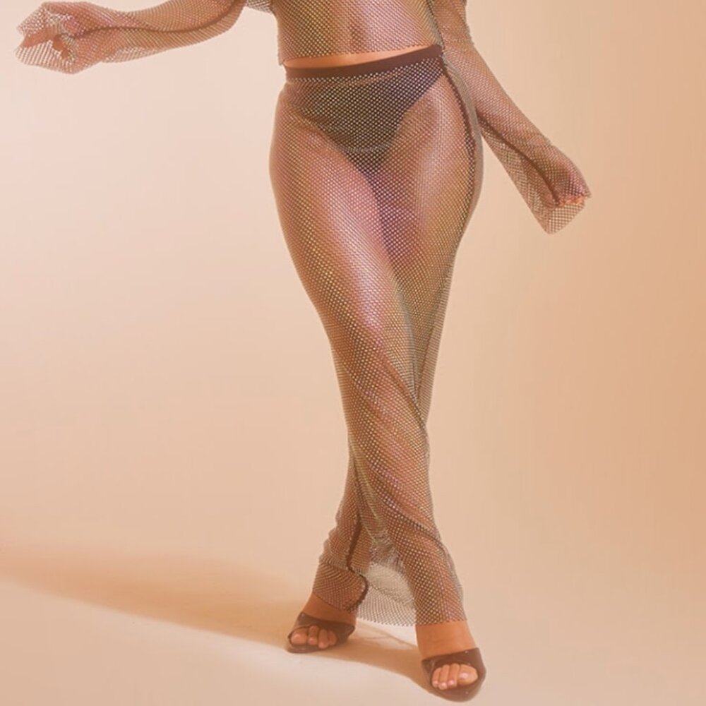 PrettyLittleThing - Black Sheer Fishnet Diamante Low Waisted Maxi Skirt